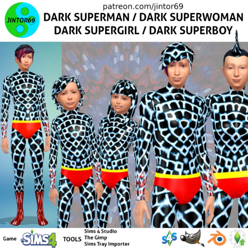 More information about "Dark Superman, Dark SuperWoman, Dark SuperGirl, Dark SuperBoy version costume tights for sims 4"