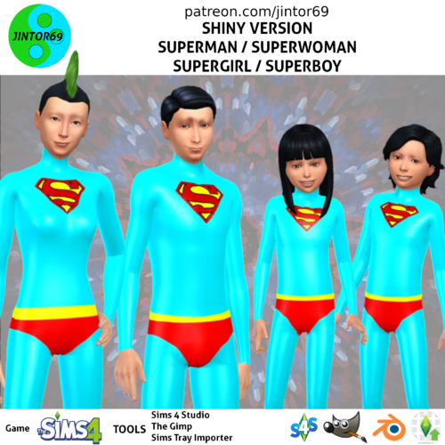 Superman, SuperWoman, SuperGirl, SuperBoy Shiny version costume tights for sims 4