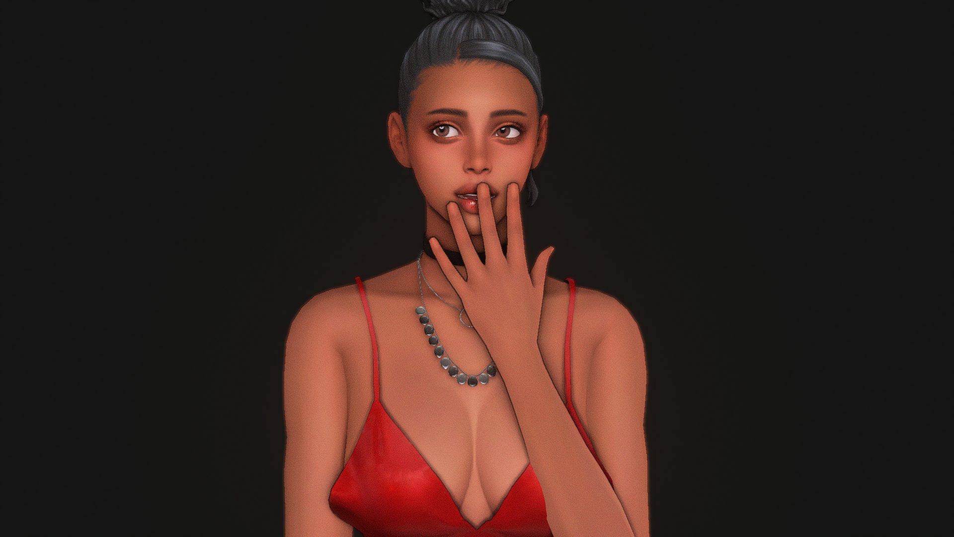 Red dress and black necklace