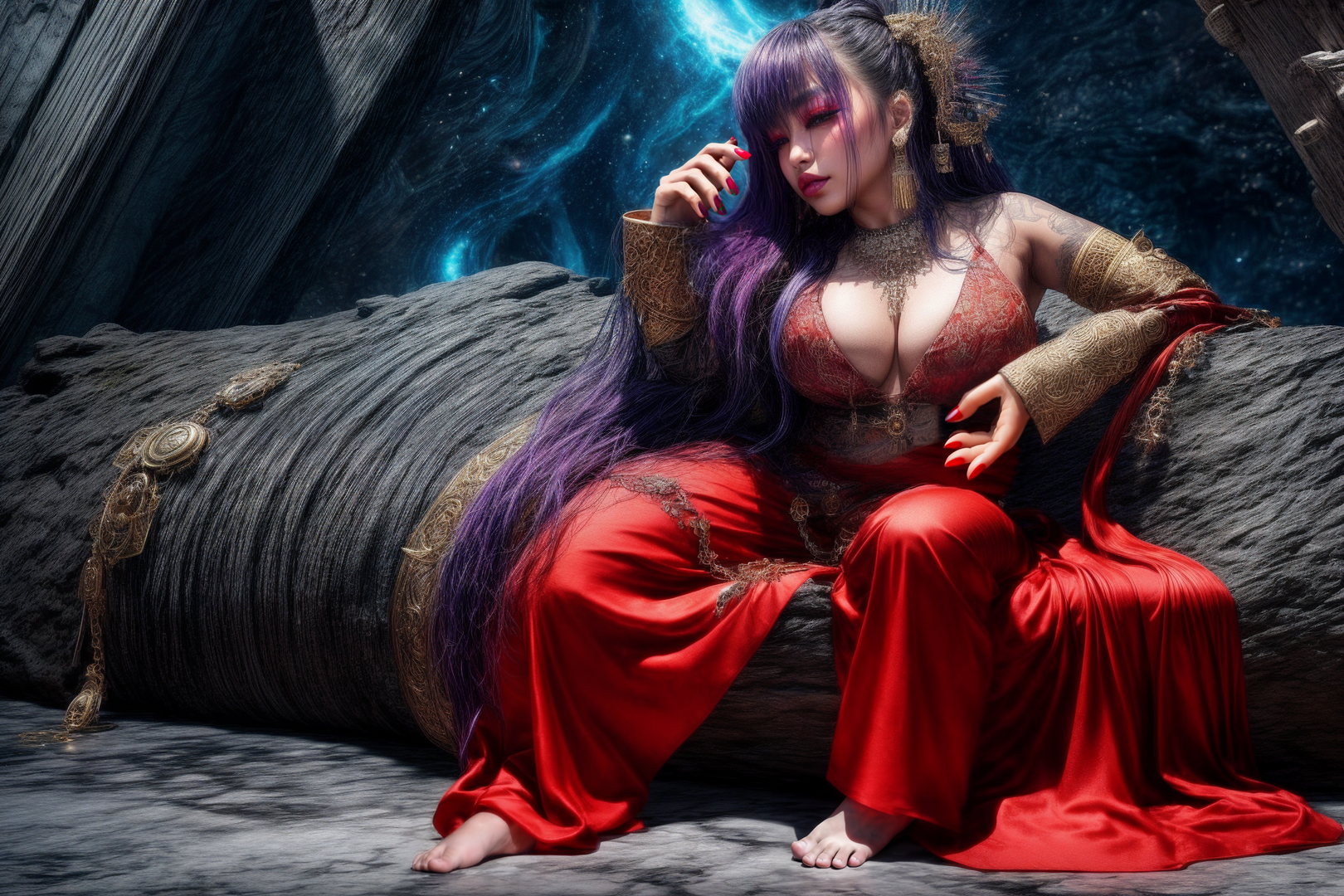 woman sitting on stone bench in space.png
