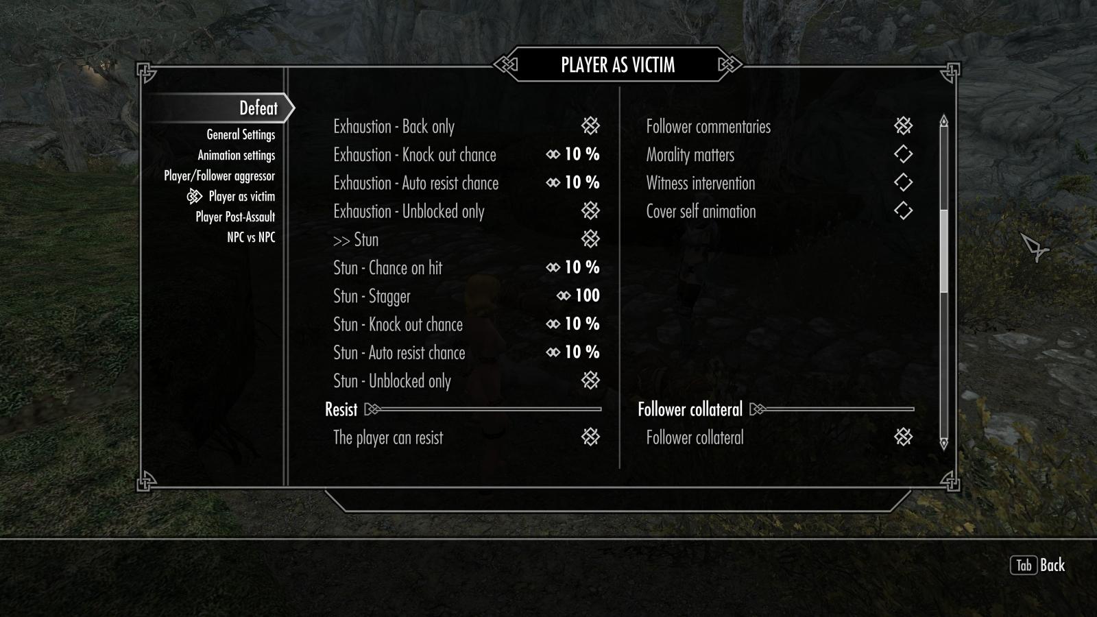 Set you player as victim settings to these in defeat. 